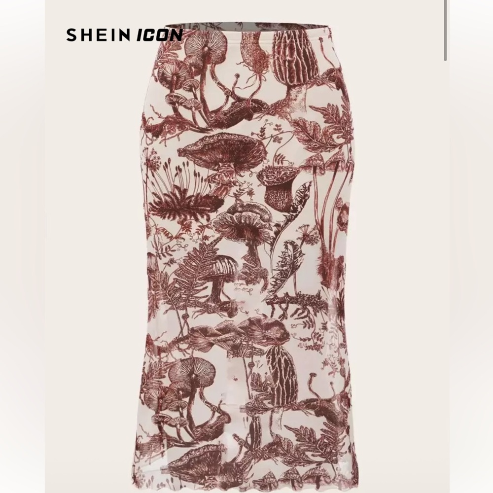 SHEIN Cream and Burgundy Forest Print Blouse